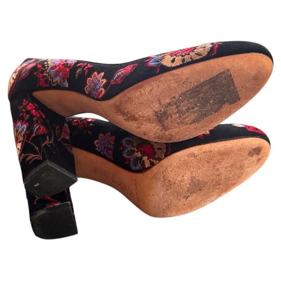 Loeffler Randall Sydnee Black Floral Suede Embroidery High Block Heel Pumps Sz 6 - Picture 6 of 11